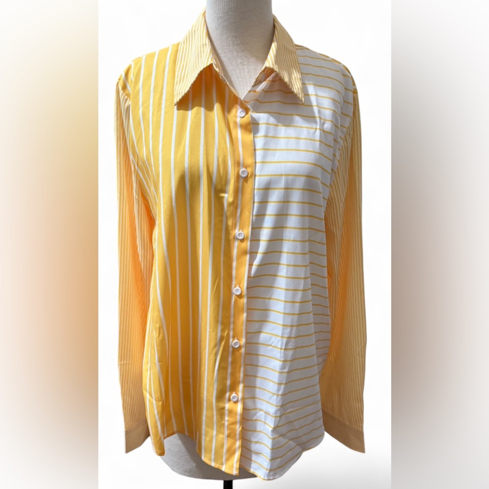 Yellow White Stripe Button Front Shirt Long Sleeve Women's XXL
